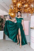 Satin Dress Floor-Length Emerald Off-The-Shoulder
