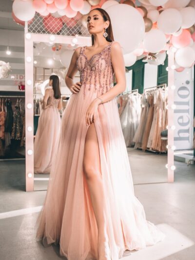 Delicate Dress Made Of Tulle With Trim Made Of Bisera