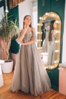 Gray Full-Skirt Floor-Length Dress With Tulle Shoulders