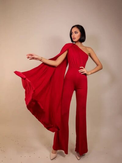 Fitted Red Jumpsuit With A Shoulder Train And Asymmetric One-Shoulder Top