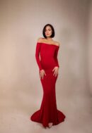 Fitted Floor-Length Red Dress With A Train, Long Off-The-Shoulder Sleeves, Open Shoulders And Back