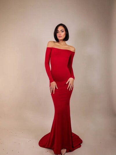 Fitted Floor-Length Red Dress With A Train, Long Off-The-Shoulder Sleeves, Open Shoulders And Back