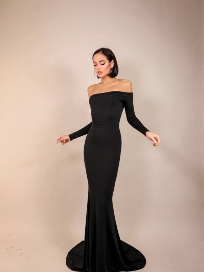 Fitted Floor-Length Black Dress With A Train, Long Off-The-Shoulder Sleeves, Open Shoulders And Back