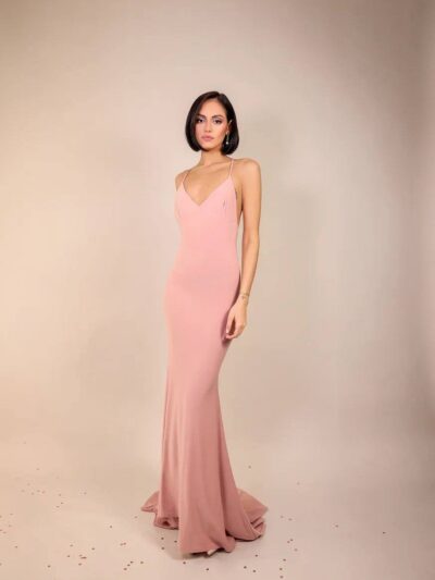 Floor-Length Powder Pink Dress With A Train, Tank Top With Cross-Back Thin Straps And Open Back