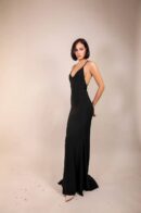 Floor-Length Black Dress With A Train, Tank Top With Cross-Back Thin Straps And Open Back
