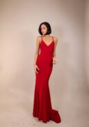 Floor-Length Red Dress With A Train, Tank Top With Cross-Back Thin Straps And Open Back