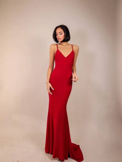 Floor-Length Red Dress With A Train, Tank Top With Cross-Back Thin Straps And Open Back