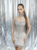 Handmade White Mini Dress Adorned With Rhinestones And Stones, Bandeau Lace-Up Top