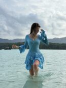 Light Blue Knit Mini Dress With Fluffy Flared Sleeves And A Tiered Fluffy Skirt