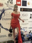 Red Mini Dress Made Of Dense Satin With A Gathered Skirt And Waist Train, Lace-Up Off-The-Shoulder Top