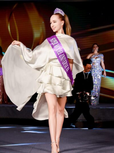 Ivory Silk Mini Dress With An Asymmetric Cape And Tiered Skirt