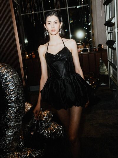 Black Mini Dress With Balloon Skirt And Sequined Lace-Up Top