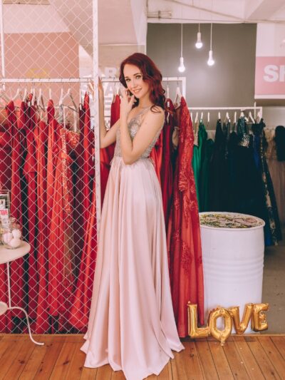 Dress With A Satin Skirt And Transparent Sparkling Top