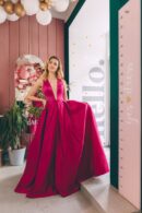 Full-Skirt Satin Dress Floor-Length Raspberry