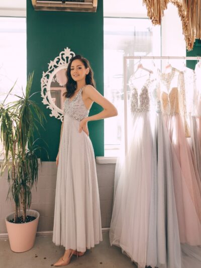 Dress floor-length turquoise, top embroidered with sequins