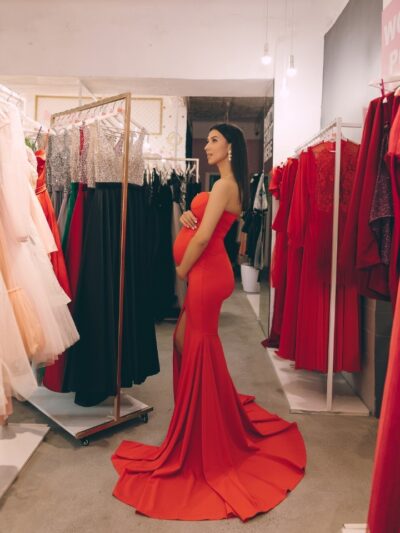 Bandeau dress red with train
