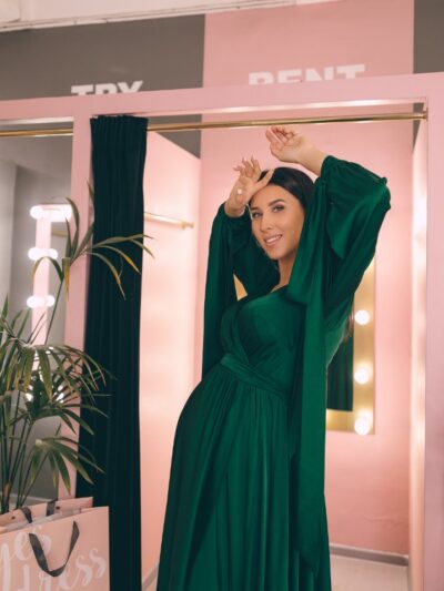 Dress silk floor-length with wrap-effect emerald