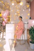 Dress Embroidered With Pink Sequins, Wrap-Effect Top With Loose Sleeves