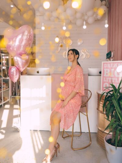 Dress Embroidered With Pink Sequins, Wrap-Effect Top With Loose Sleeves
