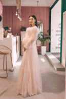 Dress Tulle With Long Sleeves And Feathers On Tope