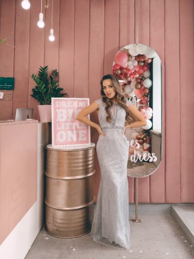 Dress floor-length gray with embroidery