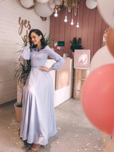 Chiffon Dress With Long Sleeves And A Collar Embroidered With Large Sequins