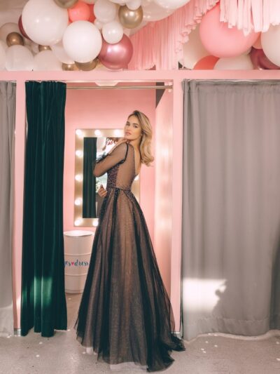 Tulle Dress With Sparkling Pink Lining And Long Transparent Sleeves