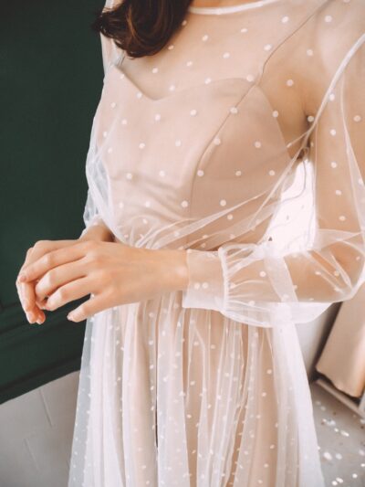 Cape Midi-Length And White Tulle In Polka Dots