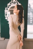 Stylish dress sero-beige with deep neckline