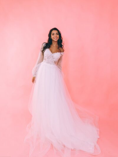White Tulle Wedding Dress With Lace And Airy Sleeves