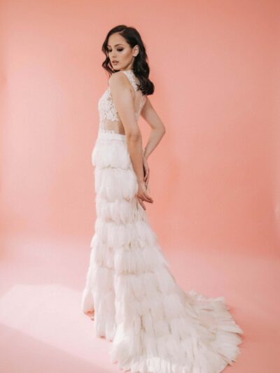White Dress With Skirt Made Of Natural Feathers
