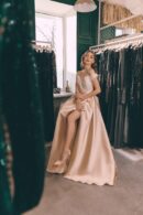 Floor-Length Dress Satin Beige, Top Off-The-Shoulder