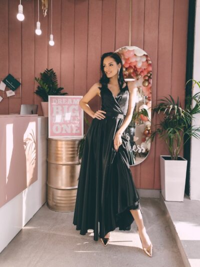 Dress floor-length black made of dense satin with thin straps